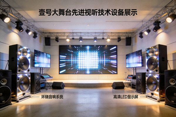 壹号大舞台先进视听技术设备展示，包括环绕音响与高清LED屏幕