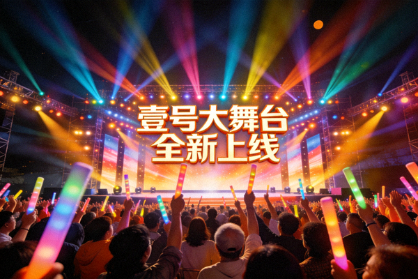 壹号大舞台全新上线庆典活动现场，舞台灯光璀璨，观众热情高涨