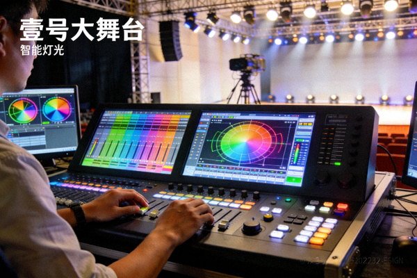 技术人员在壹号大舞台控制室操作智能灯光控制系统界面