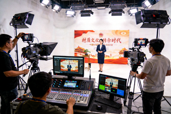 内容制作团队在现代化演播室内使用专业设备录制文化类节目的工作场景