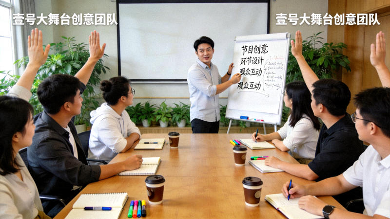 壹号大舞台创意团队正在会议室进行节目策划头脑风暴会议