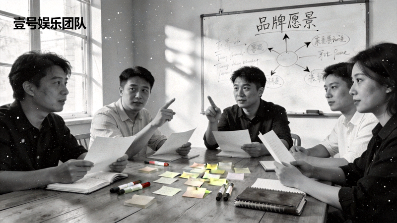 壹号娱乐早期团队在会议室进行头脑风暴讨论品牌愿景的黑白历史照片