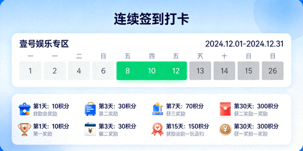 壹号娱乐专区连续签到打卡活动界面截图 - 显示日历与奖励图标