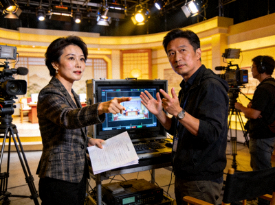 制片人王芳在节目录制现场与导演沟通拍摄细节